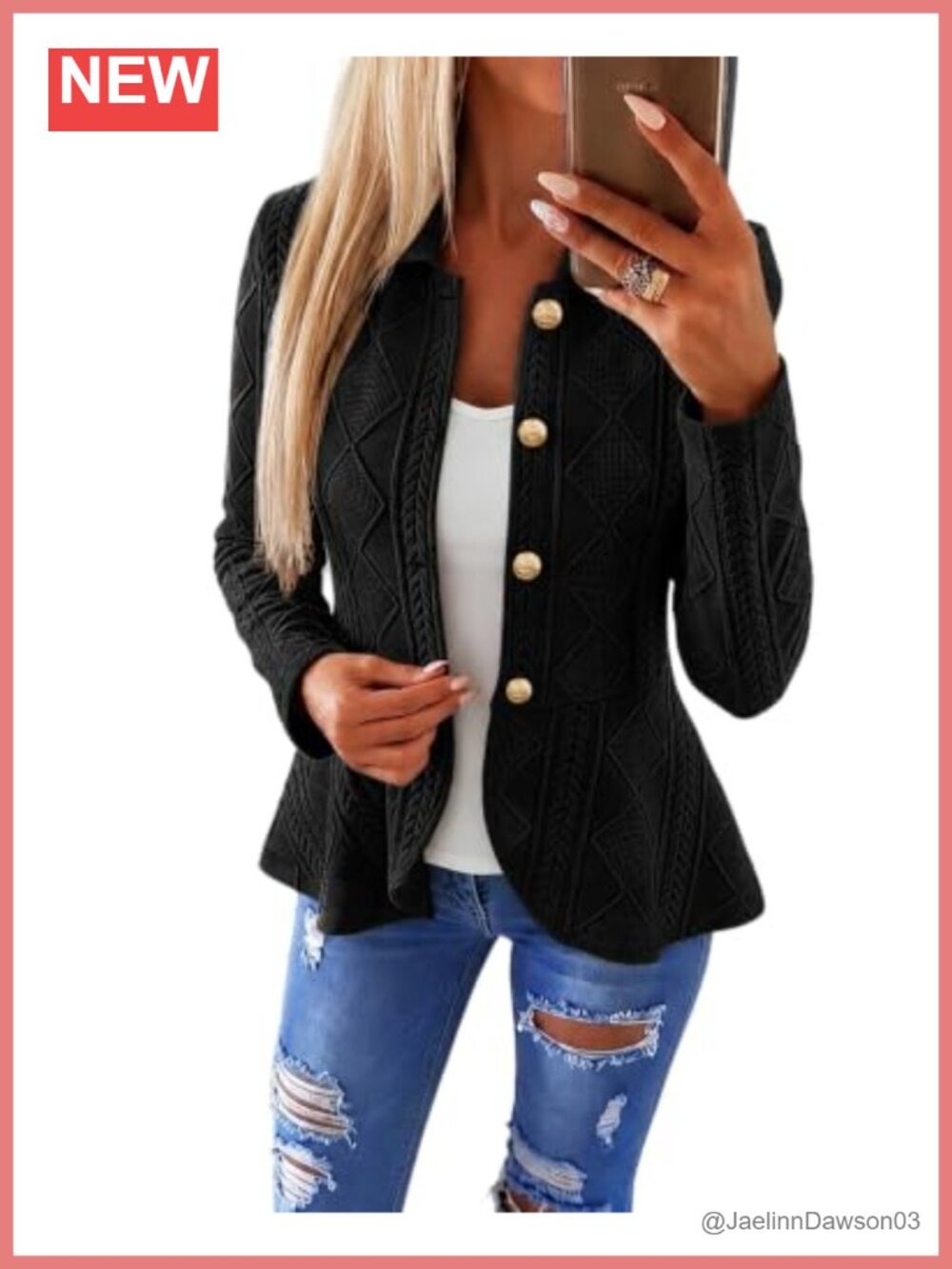 Women's Cable Knit Jacket Ruffle Hem Button Front